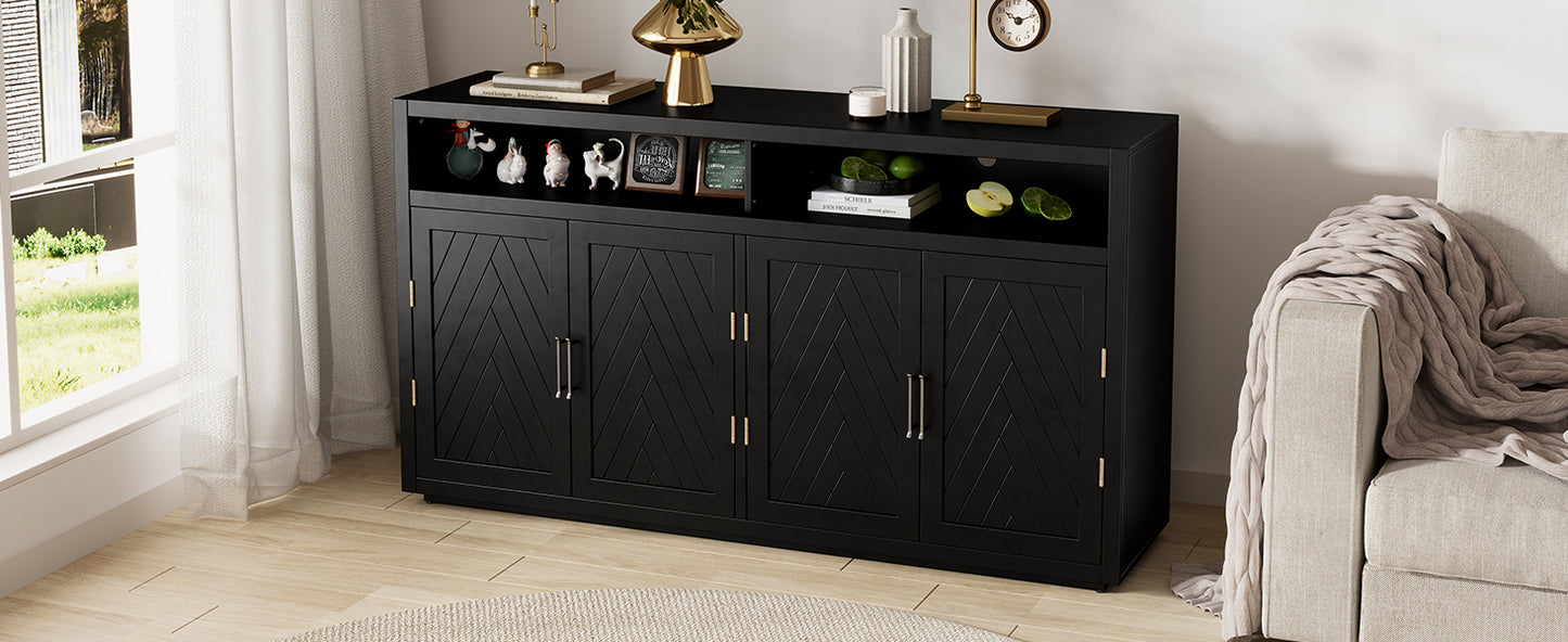 TREXM 4-door Classic Sideboard with Open Storage and Adjustable Shelves Perfect for kitchens,  living rooms (Black)