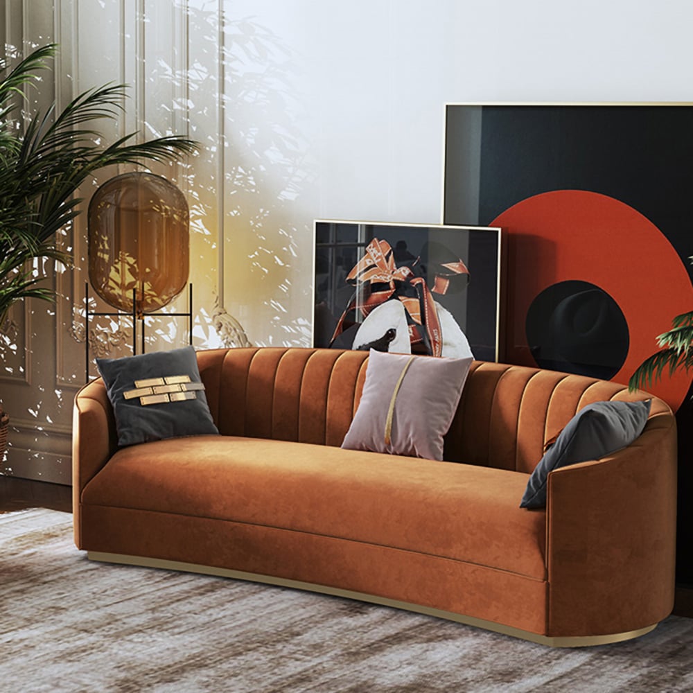 70.9" Modern Velvet Couch Curved Sofa in Orange with Stainless Steel Base