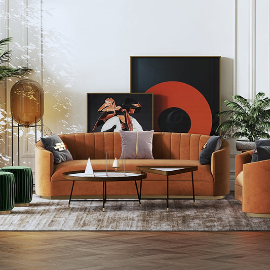 70.9" Modern Velvet Couch Curved Sofa in Orange with Stainless Steel Base