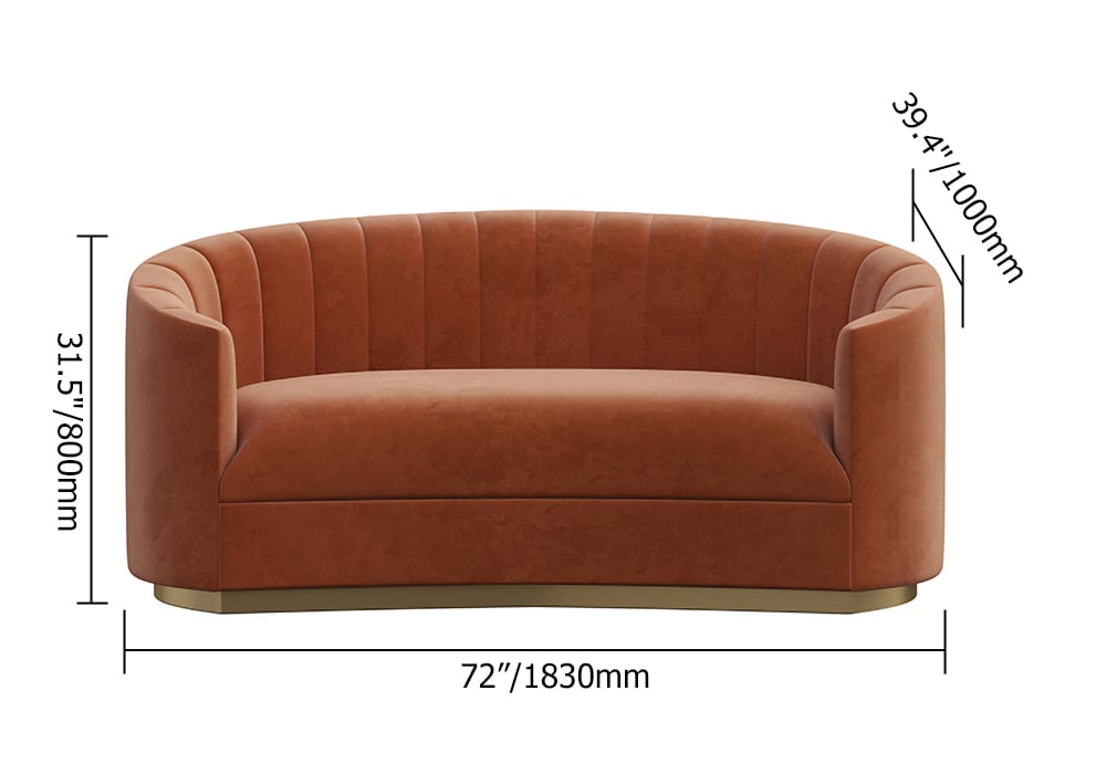 70.9" Modern Velvet Couch Curved Sofa in Orange with Stainless Steel Base