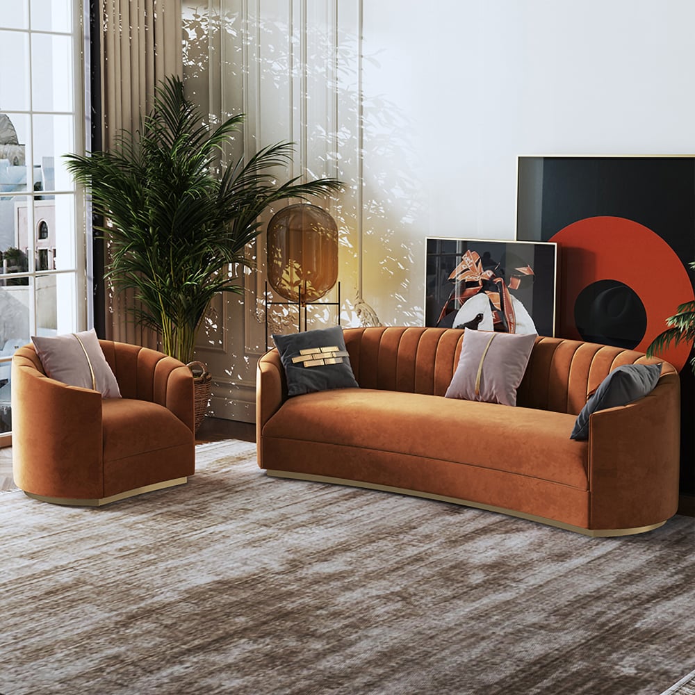 70.9" Modern Velvet Couch Curved Sofa in Orange with Stainless Steel Base