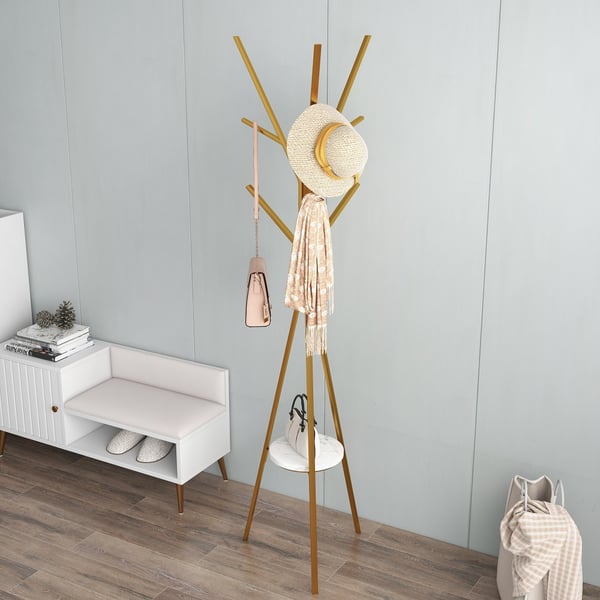 70.9" Gold Modern Freestanding Coat Rack Hanging with Shelf Marble Base