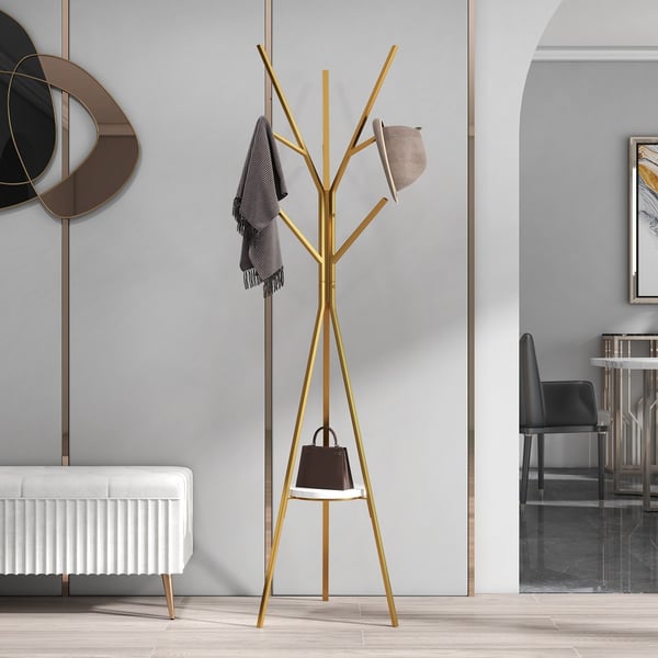 70.9" Gold Modern Freestanding Coat Rack Hanging with Shelf Marble Base