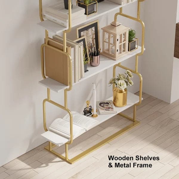 70.9 Modern Freestanding Etagere Bookshelf in Gold & White-S
