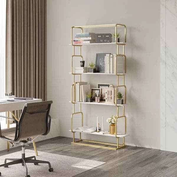 70.9 Modern Freestanding Etagere Bookshelf in Gold & White-S