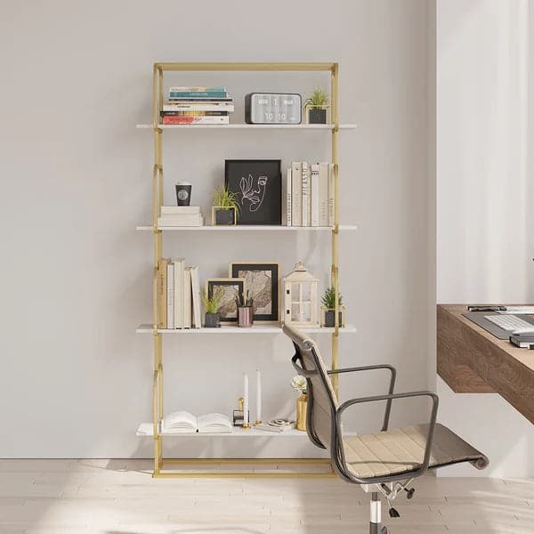 70.9 Modern Freestanding Etagere Bookshelf in Gold & White-S