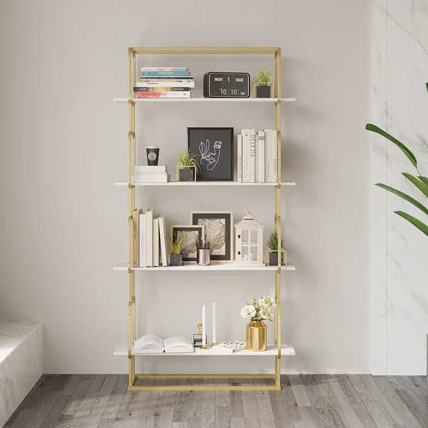 70.9 Modern Freestanding Etagere Bookshelf in Gold & White-S