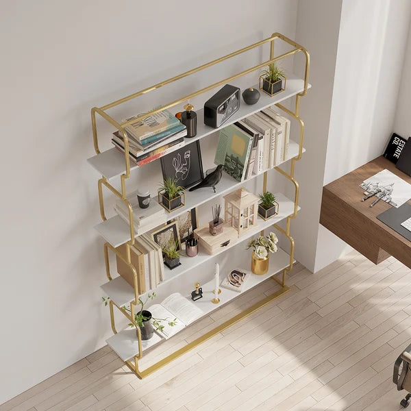 70.9 Modern Freestanding Etagere Bookshelf in Gold & White-M