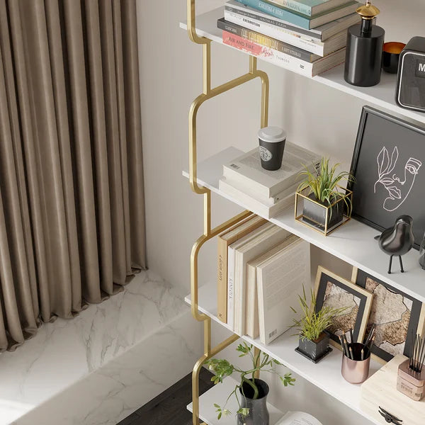 70.9 Modern Freestanding Etagere Bookshelf in Gold & White-M