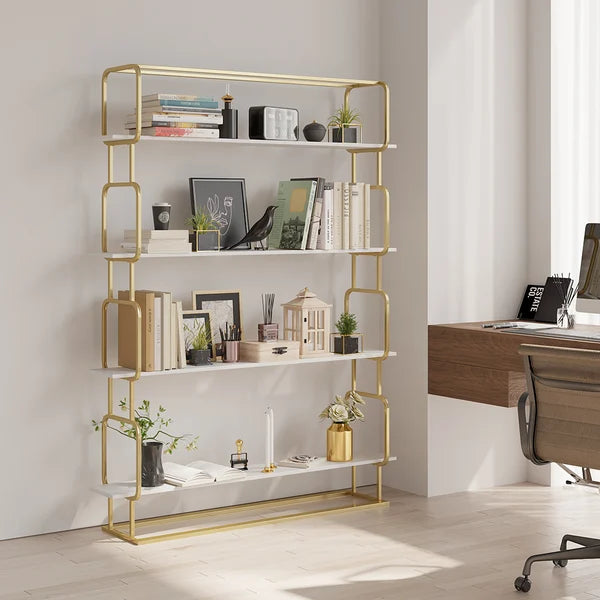 70.9 Modern Freestanding Etagere Bookshelf in Gold & White-M