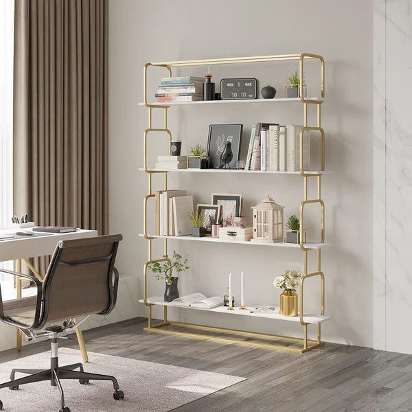 70.9 Modern Freestanding Etagere Bookshelf in Gold & White-M