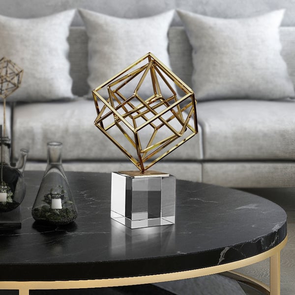 Modern Gold Metal 3D Geometry Ornament Figurine Sculpture Decor Art with Crystal Stand