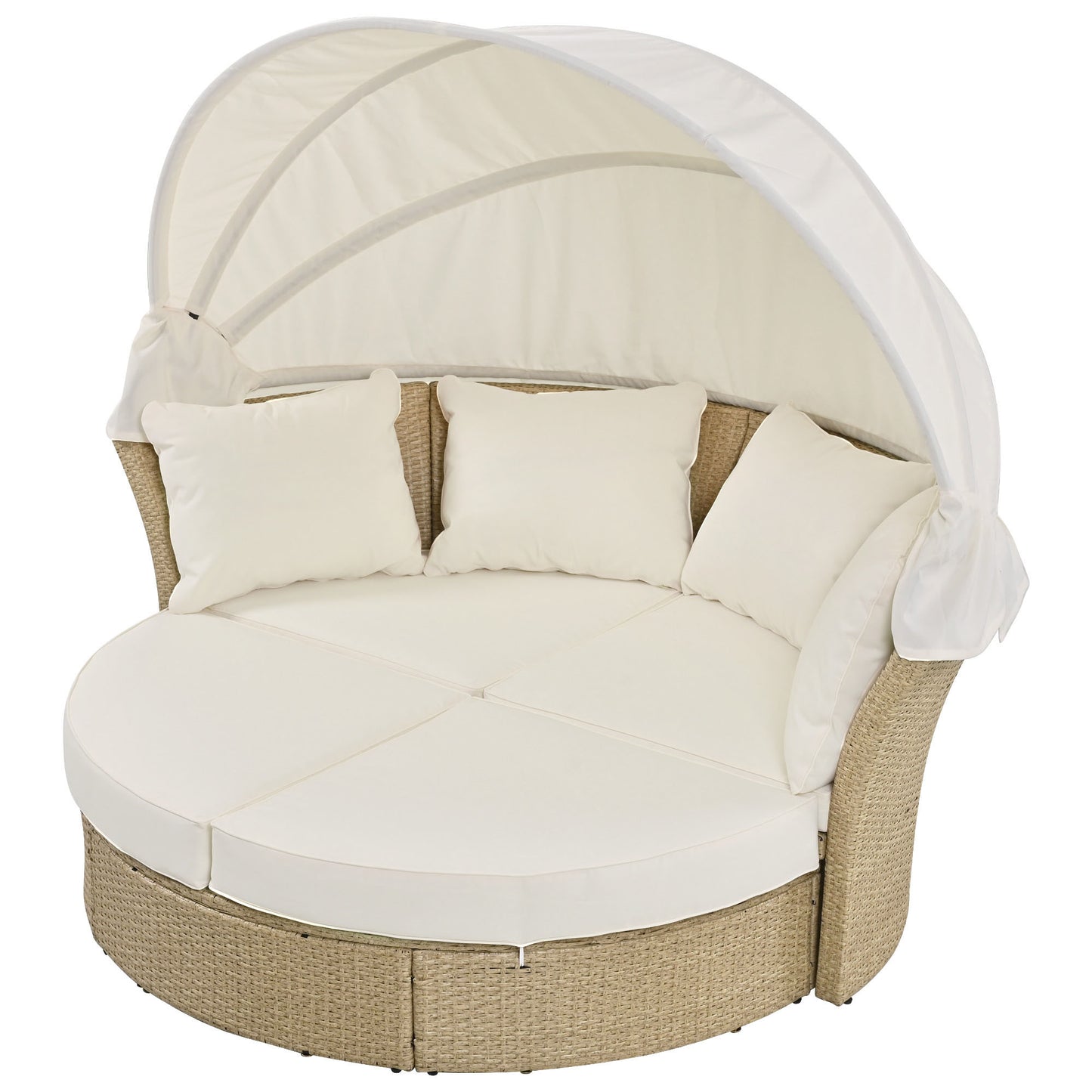 Outdoor Patio Daybed Wicker Rattan Double Daybed Round Sofa Furniture Set with Retractable Canopy, 4 Pillows for Lawn Garden Backyard Porch Pool, Beige