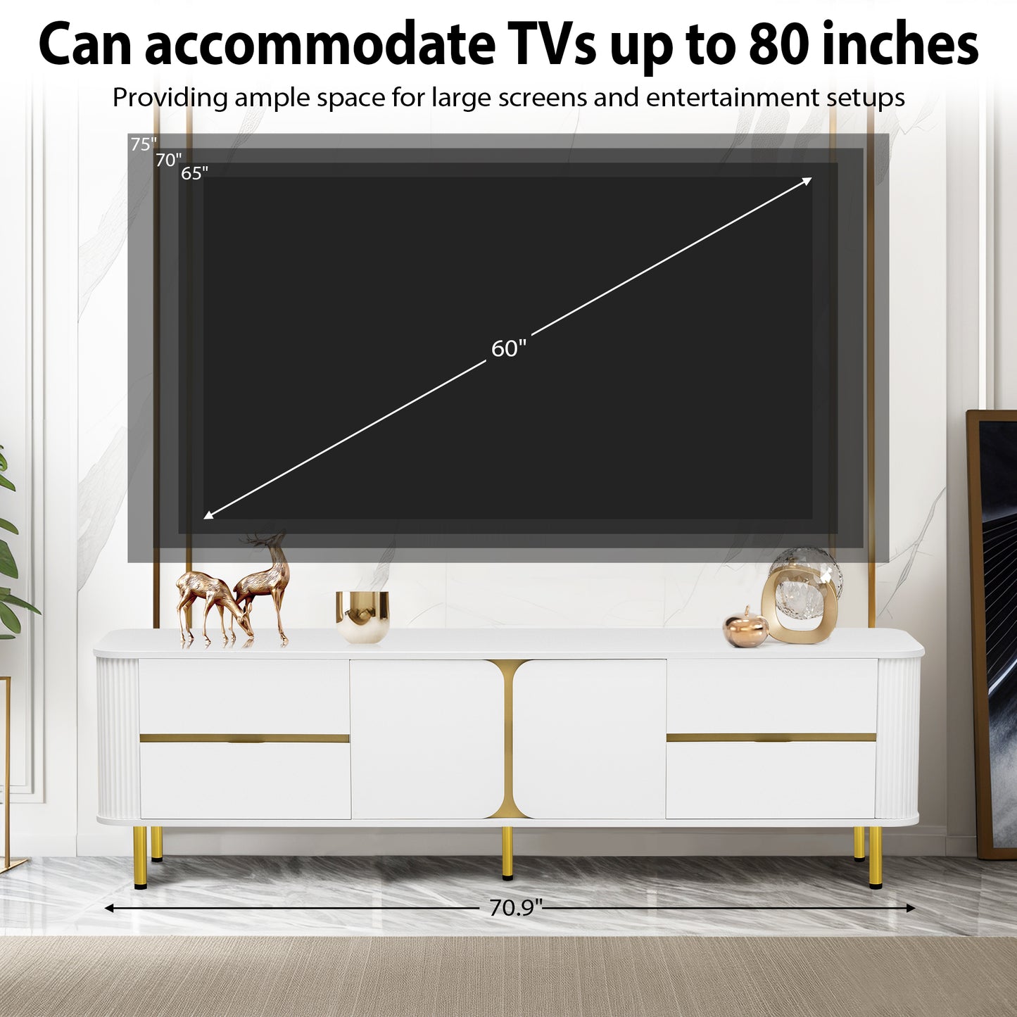 U-Can TV Stand for TVs up to 80 Inches, Modern Entertainment Center Media Console with 4 Drawers and 1 Spacious cabinet for Living room, White