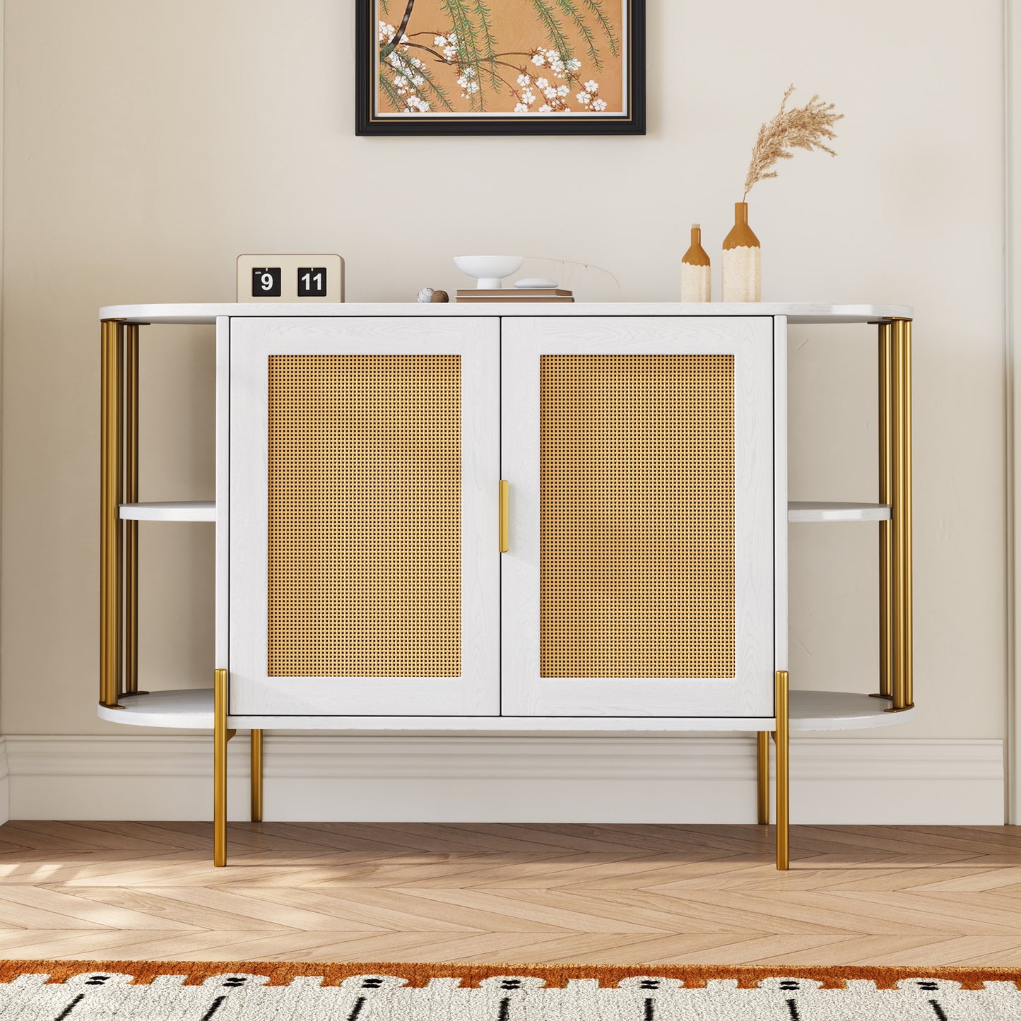 TREXM 2-Door Elegant Curved Dining Cabinet with Gold Trim and Woven Rattan Doors for Dining Room (White)