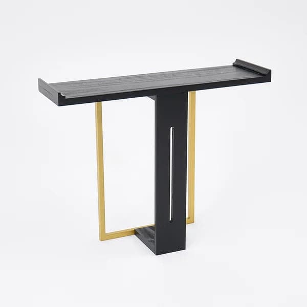 Table console étroite de 39 po pour hall d'entrée en bois massif noir et métal doré en grand format