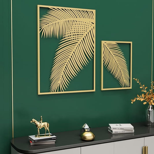 2 Pieces Metal Wall Decor Rectangular Palm Leaf Home Art Set in Gold for Living Room