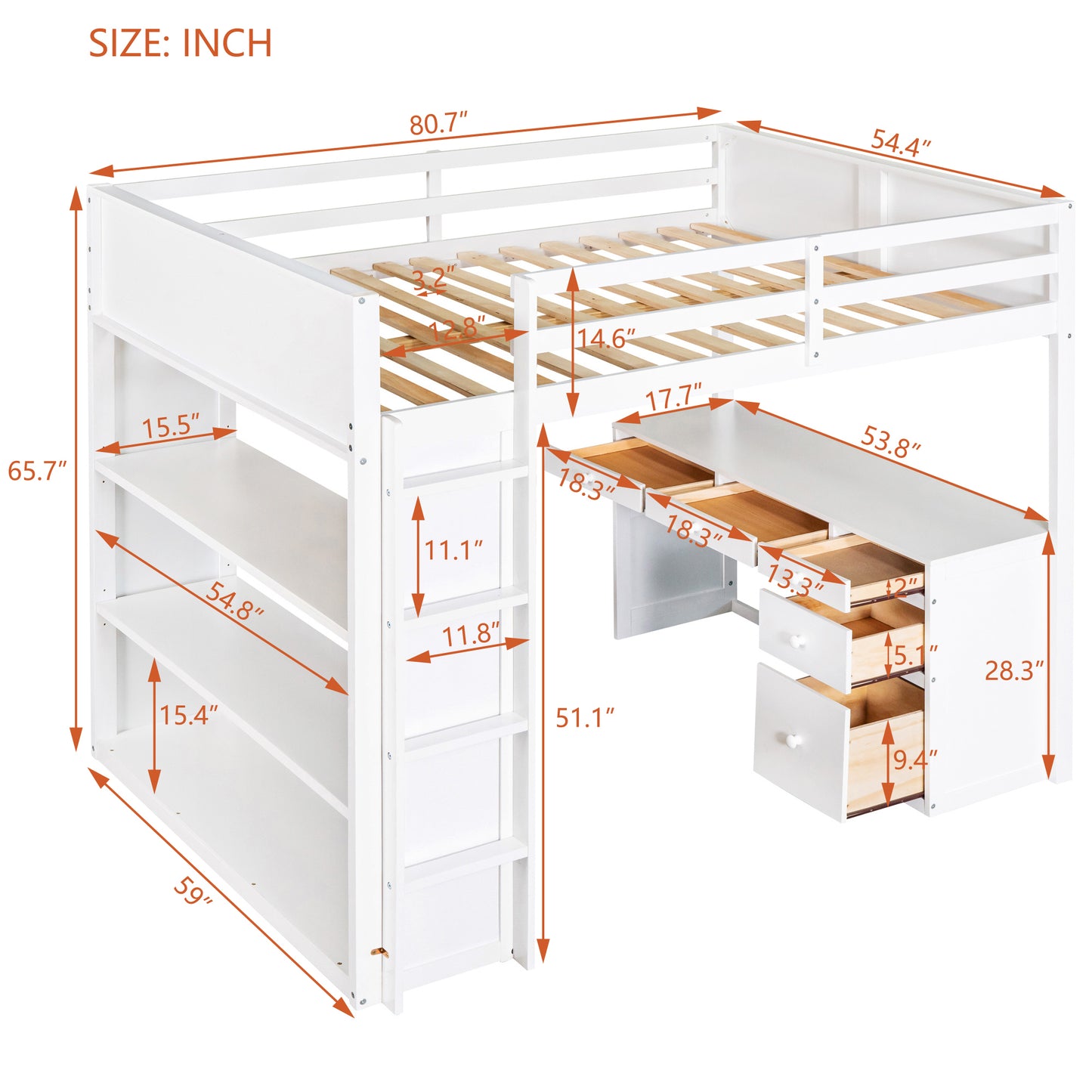 Lit mezzanine pleine grandeur avec échelle, étagères et bureau, blanc