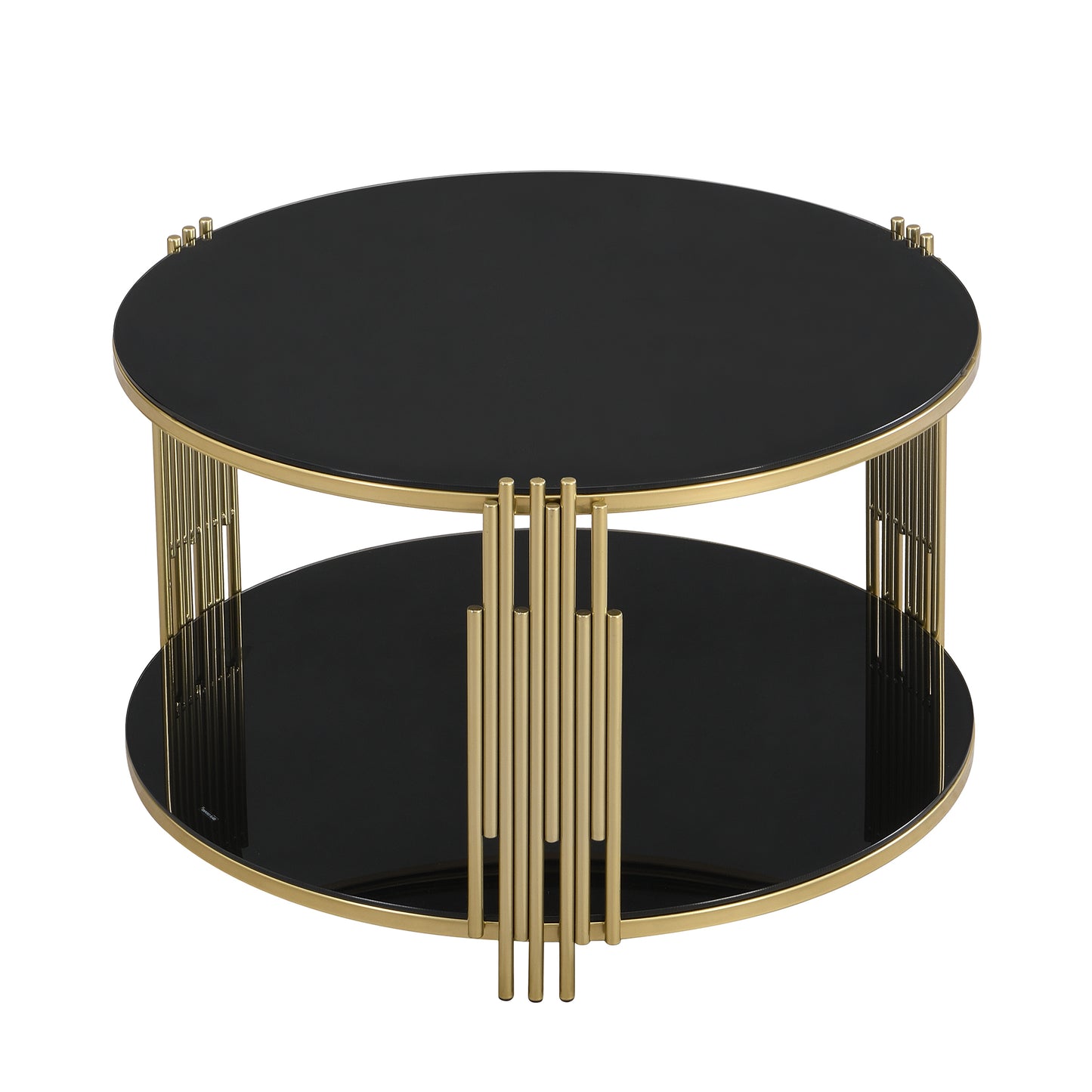 Modern Black Mirror Coffee Table, Asymmetrical Metal, Circular Metal Drum Base, Gold Finish & Lower Shelf