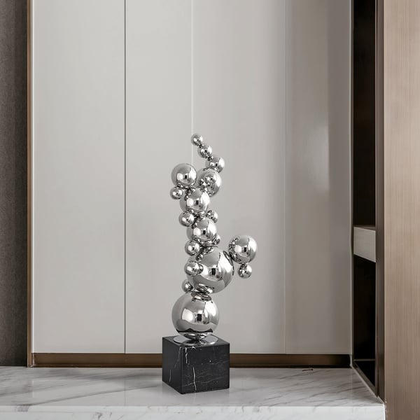 24" Modern Abstract Geometric Ball Sculpture Art Ornament Stainless Steel & Marble Decor