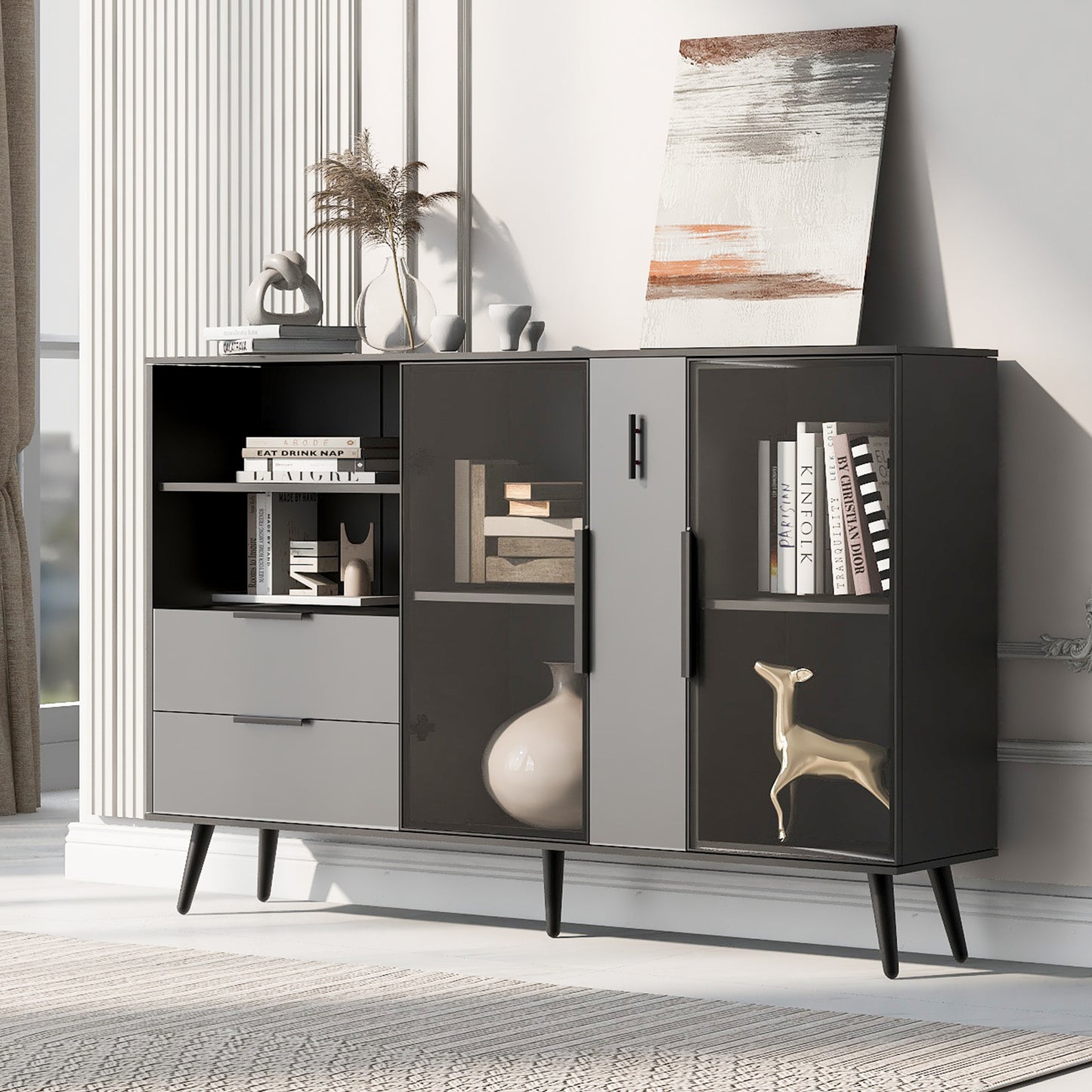 Featured Two-door Storage Cabinet with Two Drawers and Metal Handles, Suitable for Corridors, Entrances, Living rooms.