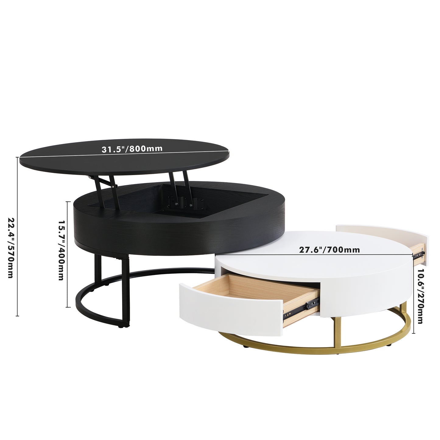 Modern Round Lift-top Nesting Coffee Tables with 2 Drawers White & Black