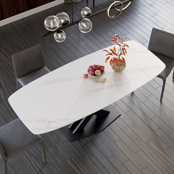 Table de salle à manger extensible moderne en pierre frittée blanche de 71 po avec base en X à feuilles 4-6 places