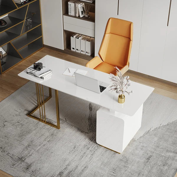 71 Inches Modern White Home Office Executive Desk with Drawers and Storage Cabinet in Gold Base