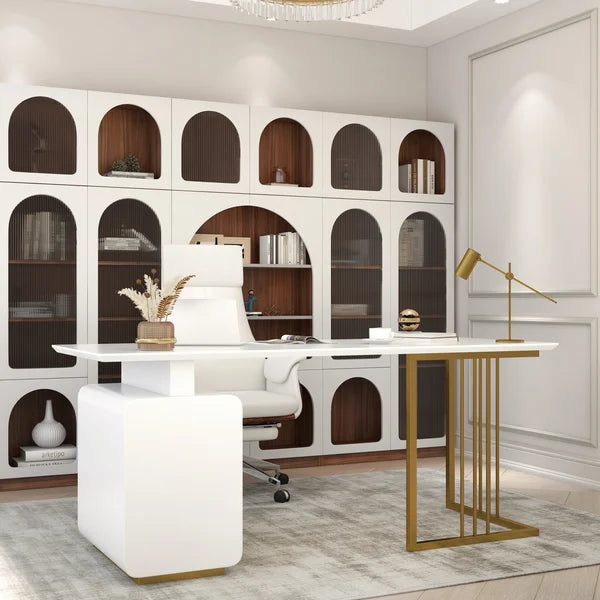 71 Inches Modern White Home Office Executive Desk with Drawers and Storage Cabinet in Gold Base