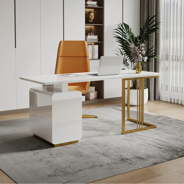 71 Inches Modern White Home Office Executive Desk with Drawers and Storage Cabinet in Gold Base