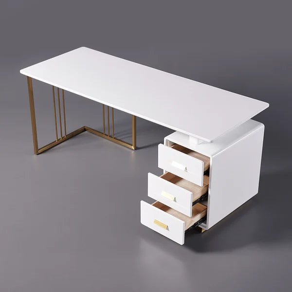 71 Inches Modern White Home Office Executive Desk with Drawers and Storage Cabinet in Gold Base