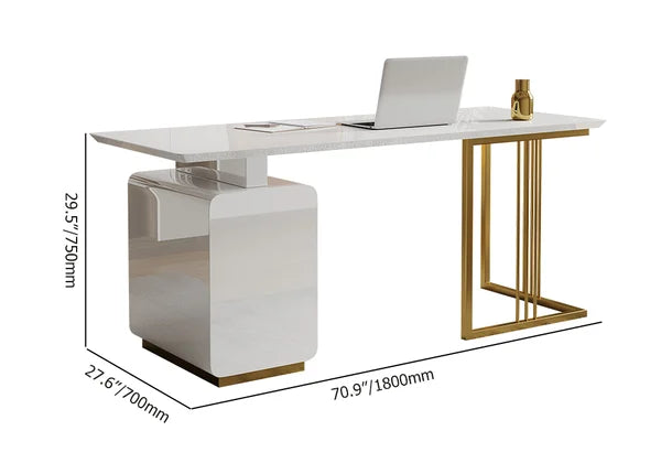 71 Inches Modern White Home Office Executive Desk with Drawers and Storage Cabinet in Gold Base