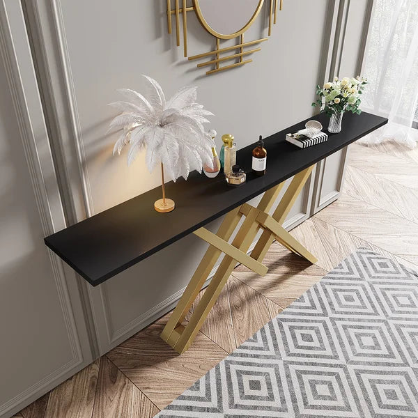 Black/White & Gold Narrow Console Table Accent Table For Entryway X Base & Metal in Small#Black-XL