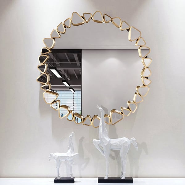 Grand miroir mural rond en galets dorés, 23.6 pouces, décor moderne avec cadre géométrique pour salon