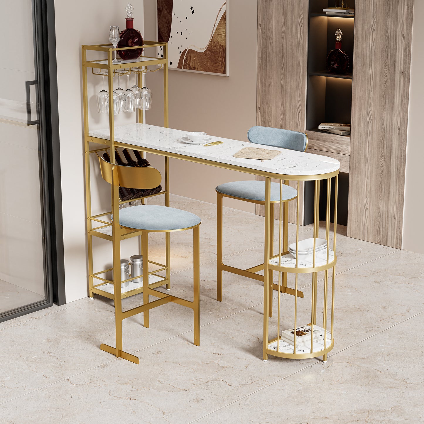 63" Table de salle à manger de hauteur de bar de cuisine blanche moderne Table de petit-déjeuner en bois avec base dorée avec étagères, support en verre, support à bouteilles de vin
