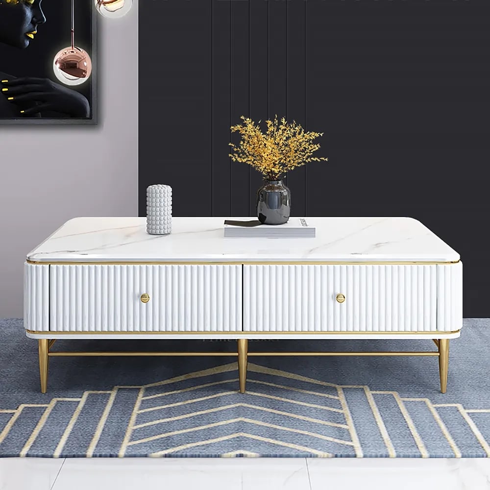 51" White Faux Marble Rectangle Coffee Table in Gold with Storage 4 Drawers