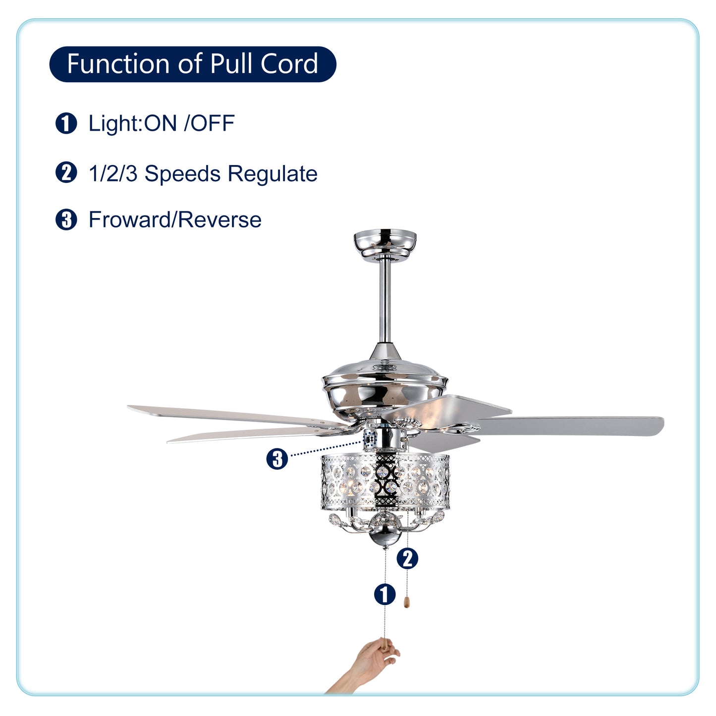 Chrome 52" Ceiling Fan with Reversible Motor - Indoor Use, Pull Chain Control (No Light Bulb)