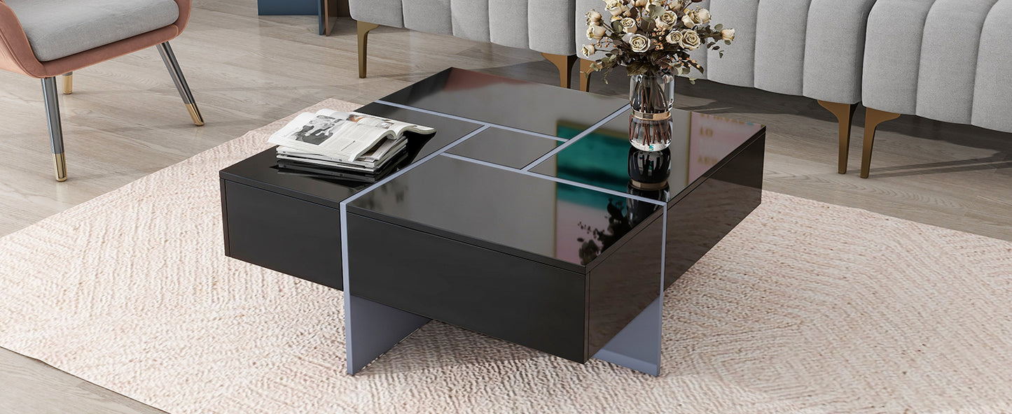 ON-TREND Table basse au design unique avec 4 compartiments de rangement cachés, table de cocktail carrée avec plateau coulissant extensible, table centrale design ultra brillante pour le salon, 80 x 80 cm