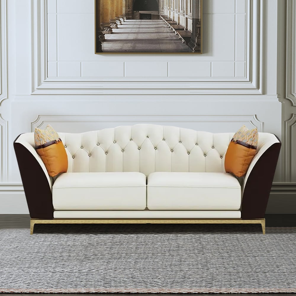 72.8" Faux Leather Upholstered Sofa White and Brown Mid-Century Couch Curved Tufted Back