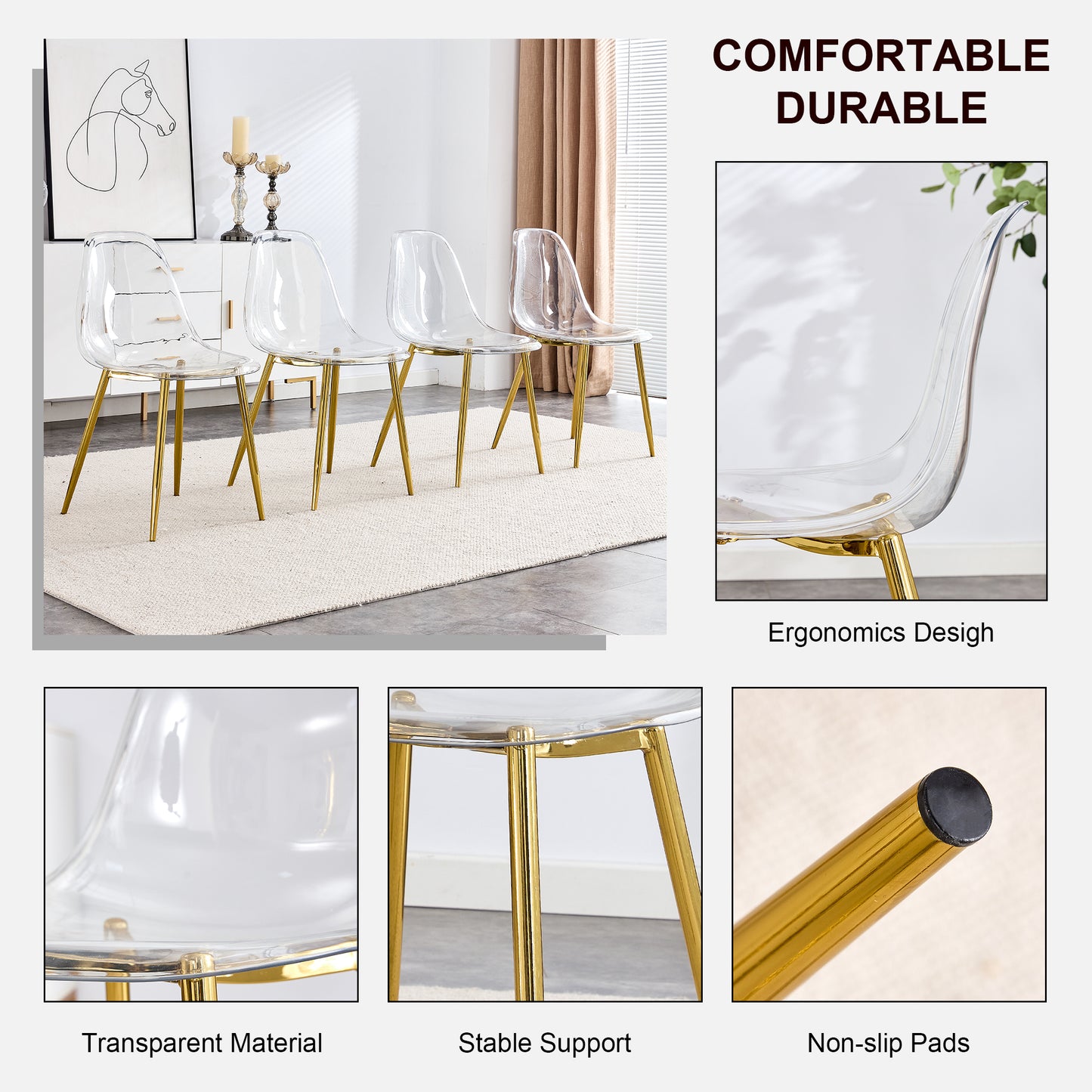 Modern Transparent Dining Chairs - Set of 4 Armless Crystal Chairs with Golden Plating Metal Legs