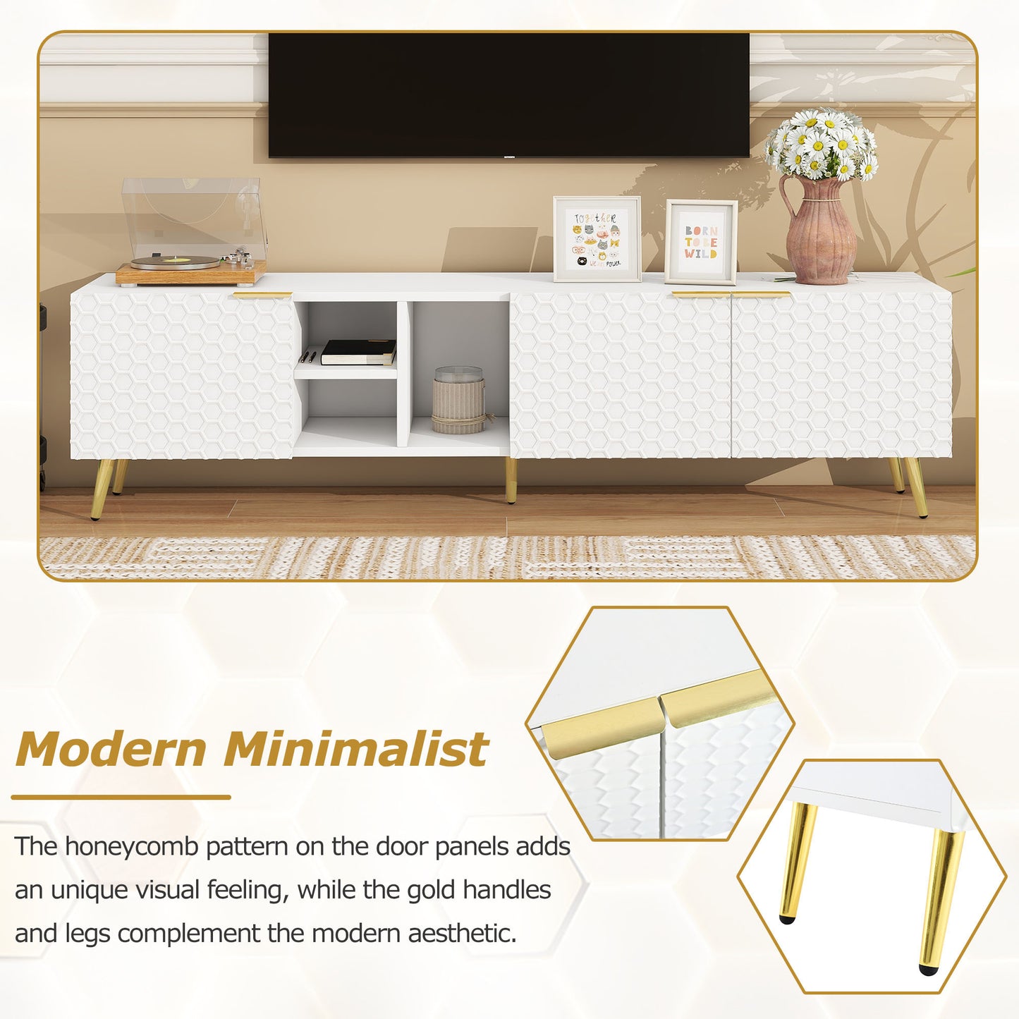 ON-TREND Modern Minimalist Geometric TV Cabinet with Metal Handles and Gold Legs for TVs Up to 80'', Multi-functional TV Stand with Storage Cabinets, Entertainment Center for Living Room, White