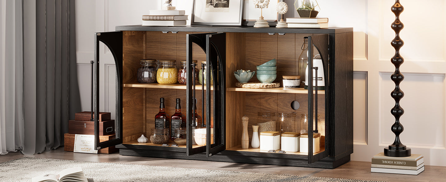 4-Door Large Storage Retro Sideboard with Metal Handles and Adjustable Shelves for Kitchen, Dining Room and Living Room (Black)