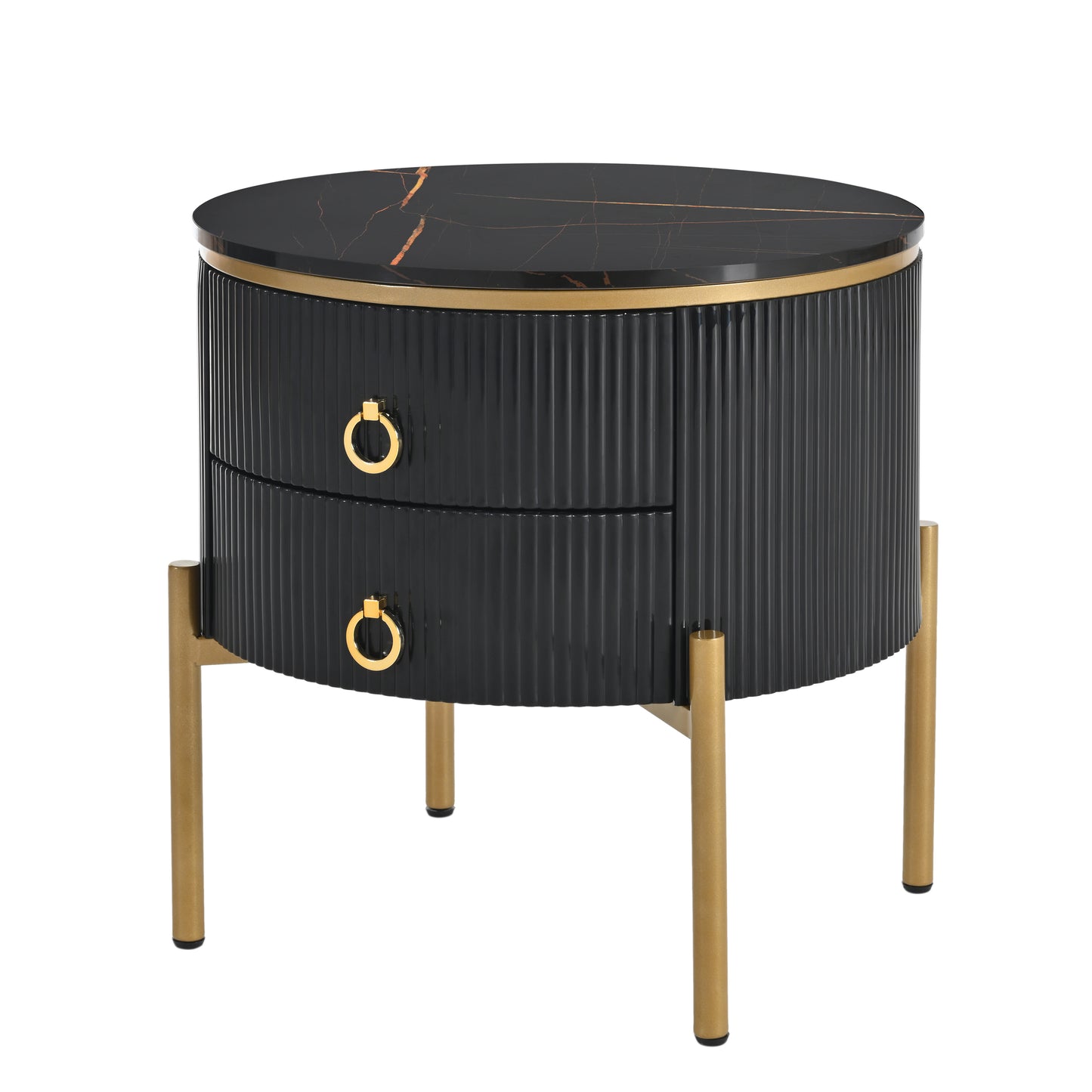 ON-TREND Φ19.6'' Easy Assembly Round End Table with Storage Drawers, Fluted Nightstand with High Gloss Faux Marble Tabletop, Modern Coffee Table with Metal Legs and Handles for Living Room, Black