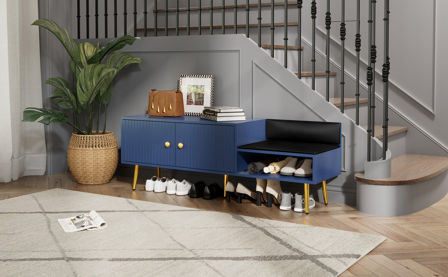 TREXM Modern Shoe Storage Bench with Hidden Storage and Upholstered Cushions for Bedside, Living Room and Entryway (Navy)