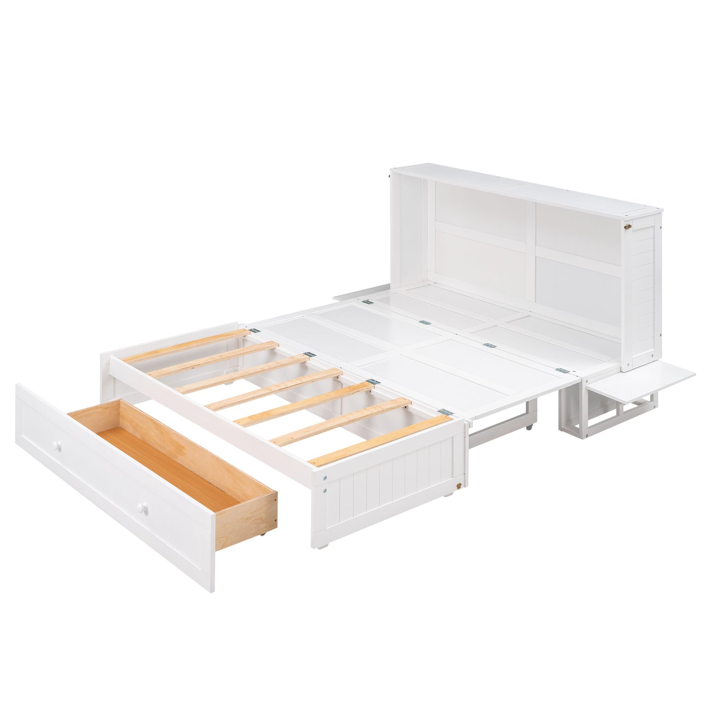 Lit escamotable mobile Queen Size avec tiroir et petites étagères de chaque côté, blanc