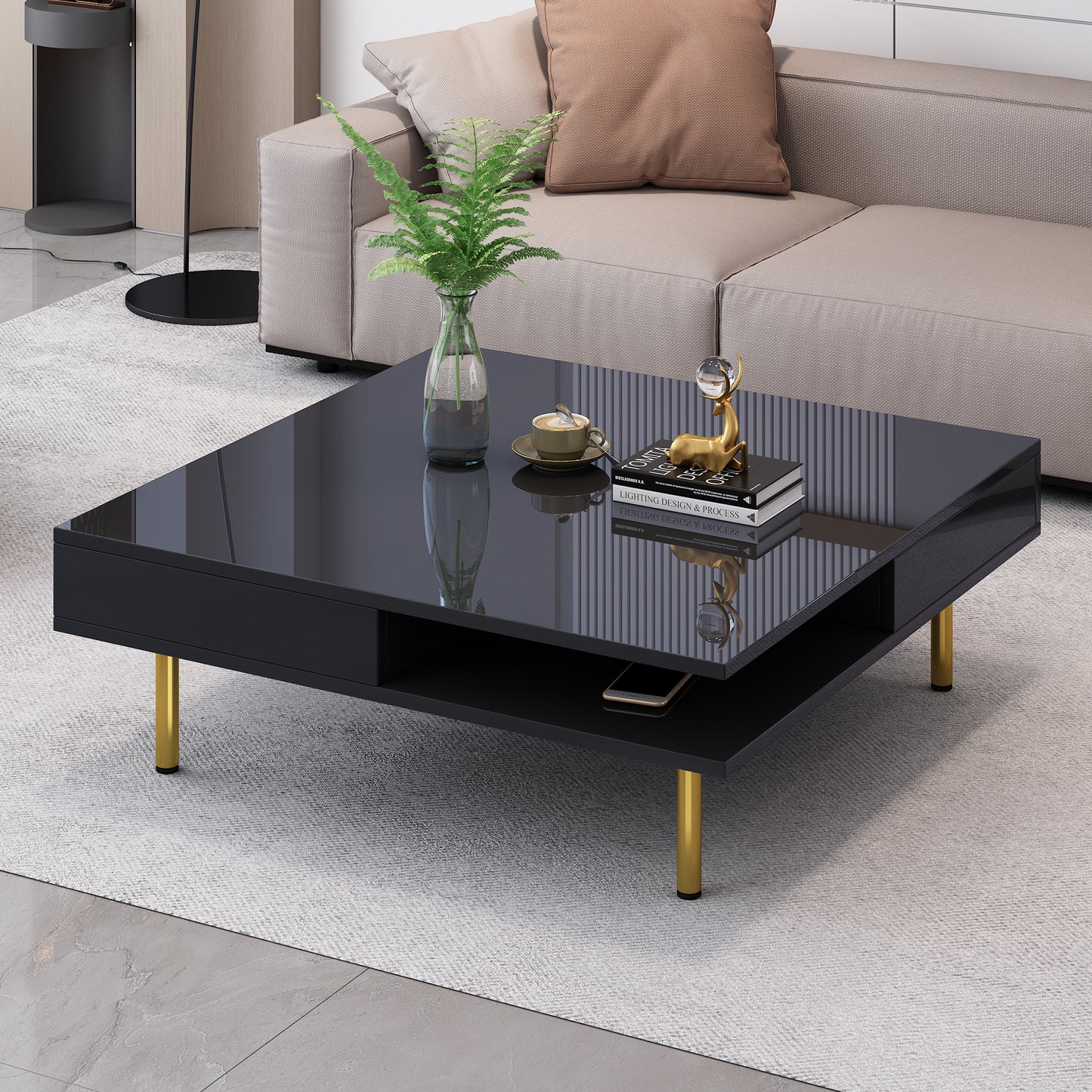 ON-TREND Exquisite High Gloss Coffee Table with 4 Golden Legs and 2 Small Drawers, 2-Tier Square Center Table for Living Room, Black