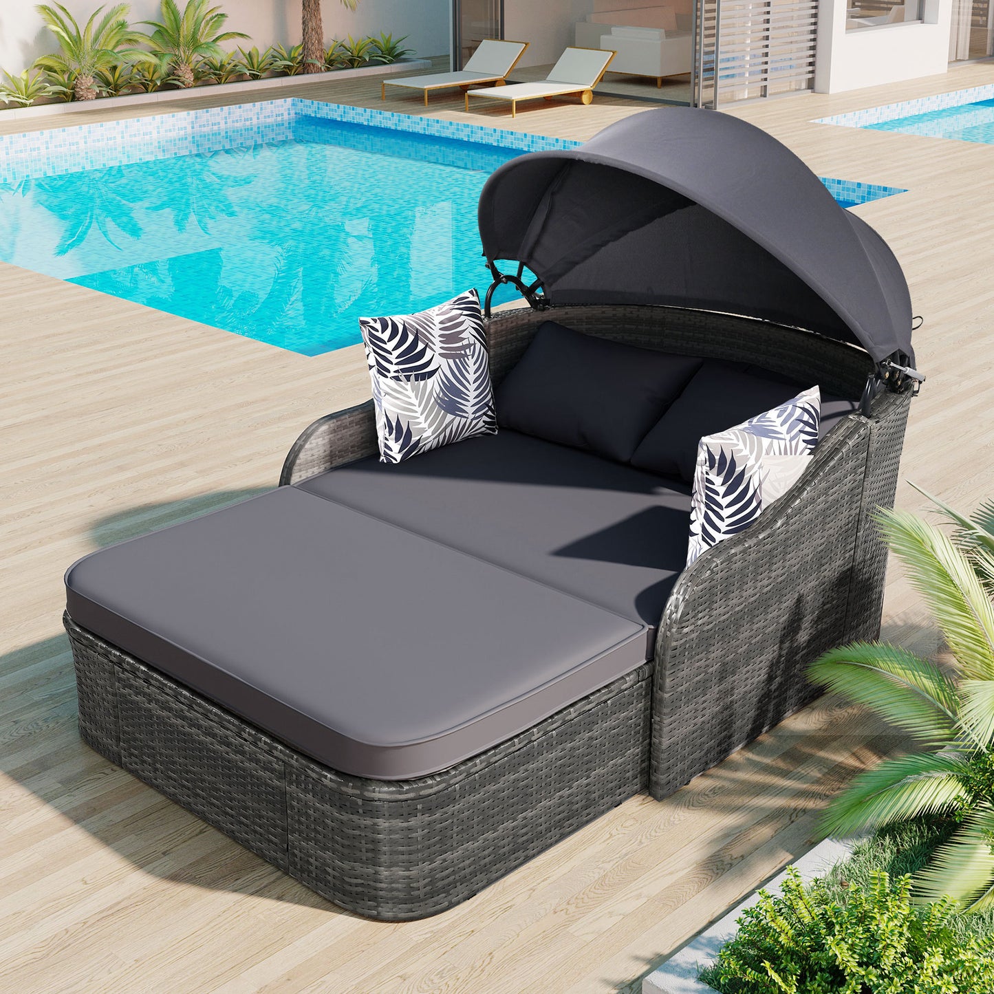 79.9” Outdoor Sunbed with Adjustable Canopy: Double Lounge PE Rattan Daybed in Gray Wicker with Comfortable Cushions for Ultimate Relaxation