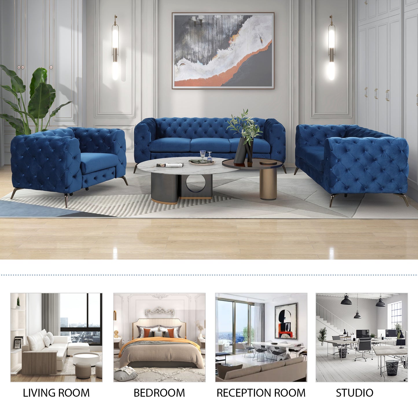 Modern 3-Piece Sofa Sets with Sturdy Metal Legs,Velvet Upholstered Couches Sets Including Three Seat Sofa, Loveseat and Single Chair for Living Room Furniture Set,Blue