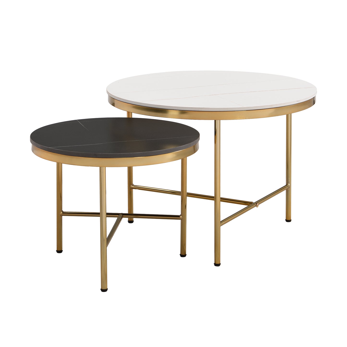 Modern Round Nesting Coffee Table Set 2-Piece Black & White Sintered Stone Top Gold Base in 23.6''&17.7''