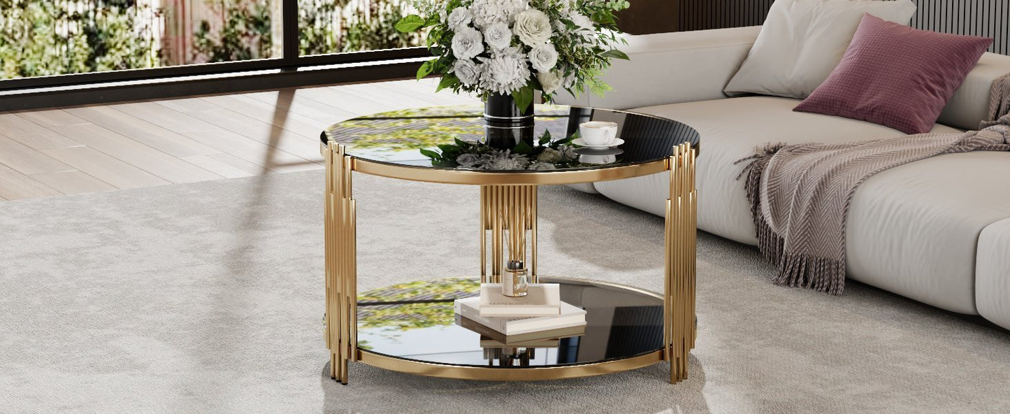 Modern Black Mirror Coffee Table, Asymmetrical Metal, Circular Metal Drum Base, Gold Finish & Lower Shelf